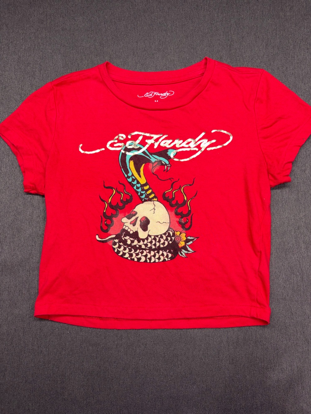 Ed Hardy Red Crop Short Sleeve Graphic Tee with Skull and Snake Size M